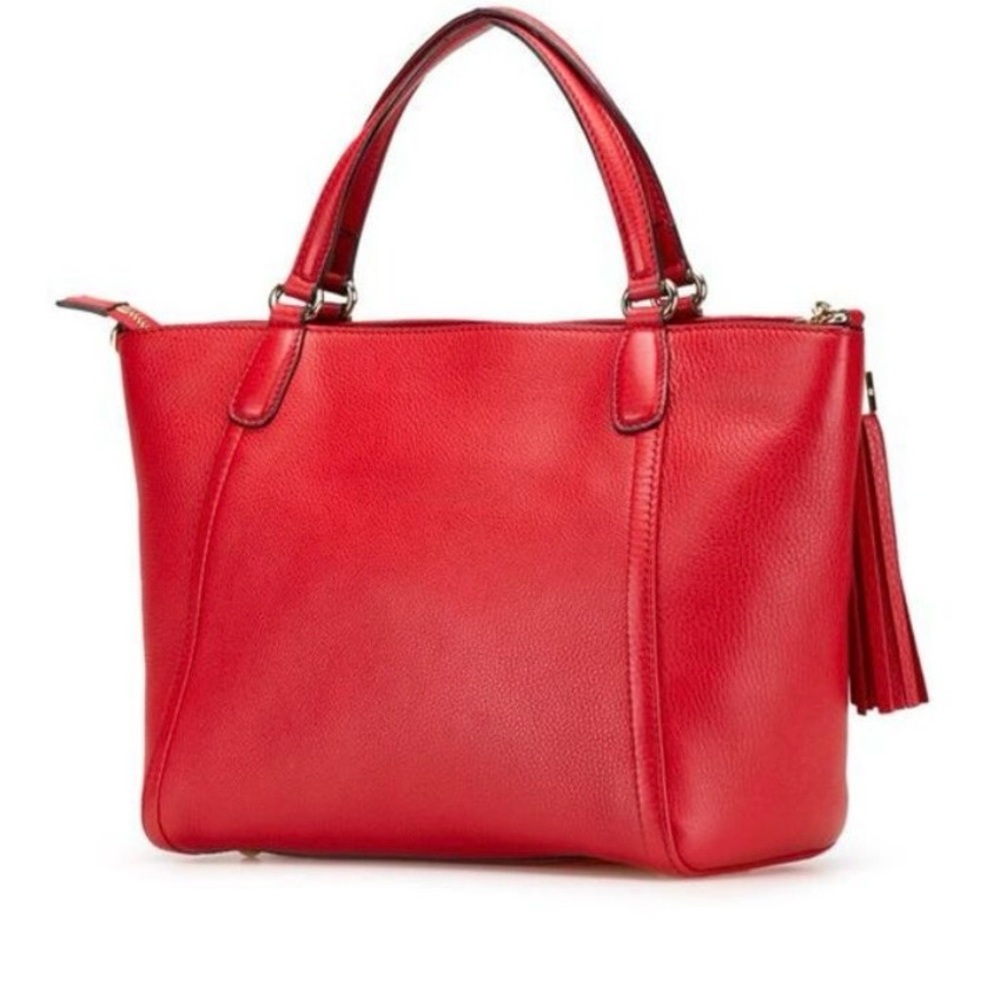 AUTHENTIC Gucci Soho Red Pebbled Leather Top Handle Bag Satchel Tassel - Red - Picture 2 of 8